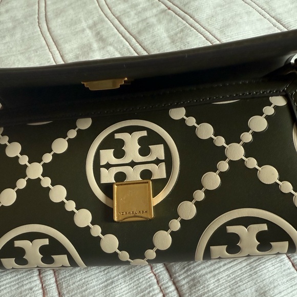 Tory Burch T Monogram Embossed Wallet Crossbody Bag Green Brown GeometricPattern - Picture 10 of 16